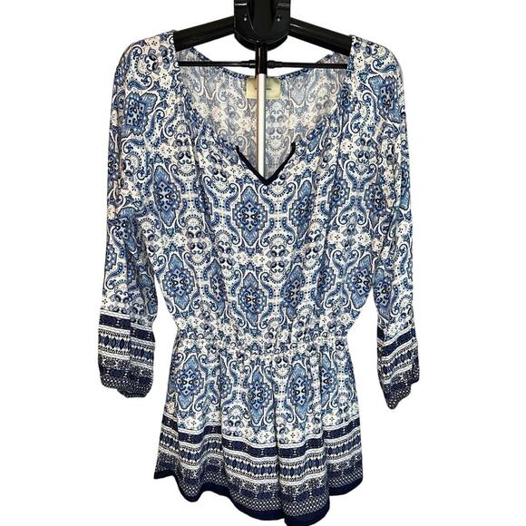 Elevenses Anthropologie Basia Romper Blue and White Boho Style Size XL - Picture 3 of 11